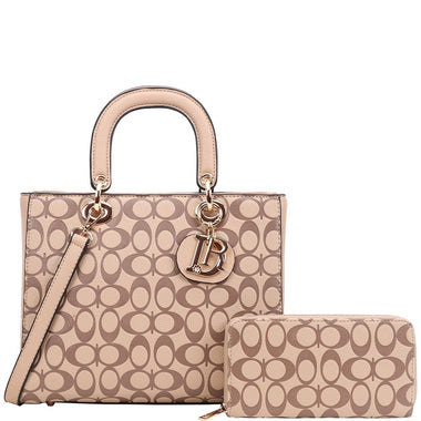 DIONA J 2IN1 OVAL PRINT FASHION HANDLE SATCHEL W WALLET SET COLOR TAUPE