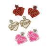 2-Tier Jeweled Heart Shaped "LOVE" Handmade Beaded Dangle Drop Earrings Pink