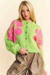 Davi & Dani Flower Contrast Round Neck Long Sleeve Cardigan