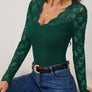 Lace Wavy Hem V-Neck Long Sleeve Top