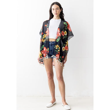 DIONA J MESH TASSEL FLOWER PRINT SHORT KIMONO ONE SIZE COLOR BLACK