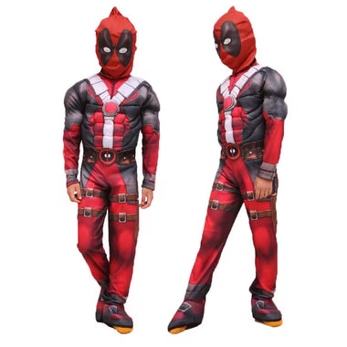 Deadpool Muscle Padding Costume Cosplay for Kids - Ultimate Halloween Party Superhero Suit with Mask Fiber Belt Set - DJ Comics