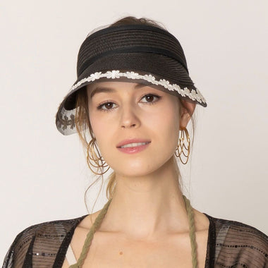 DIONA J STRAW SUN VISOR WITH LACE ONE SIZE COLOR BLACK