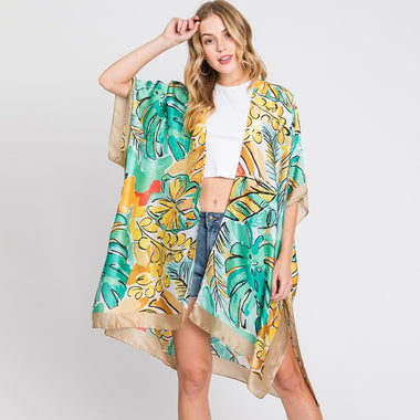 DIONA J HAND DRAWN WATERCOLOR TROPICAL LEAVES KIMONO ONE SIZE COLOR BEIGE