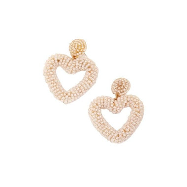 Beaded Heart Statement Thick Heart Seed Bead Heart Hoop Dangle Earrings White