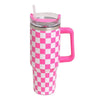 Checkered 40oz Stainless Steel Tumbler with Handle and Straw Lid | Fuchsia