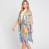 DIONA J HAND DRAWN WATERCOLOR TROPICAL LEAVES KIMONO ONE SIZE COLOR BLUE