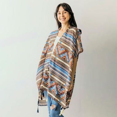DIONA J WESTERN BOHO PRINT KIMONO WITH TASSELS CARDIGAN ONE SIZE COLOR BEIGE