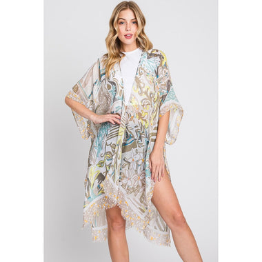 DIONA J WATERCOLOR GEOMETRIC PRINT KIMONO CARDIGAN ONE SIZE COLOR BEIGE