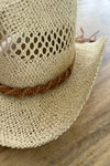 Cowboy  hat in handwoven  straw with a peekaboo pa