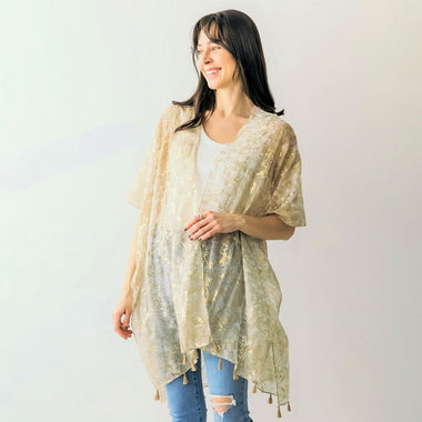 DIONA J METALLIC PYTHON PRINT KIMONO WITH TASSELS ONE SIZE COLOR GOLD