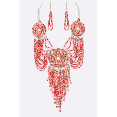 DIONA J SEED BEADS MEDALLION STATEMENT NECKLACE SET COLOR CORAL