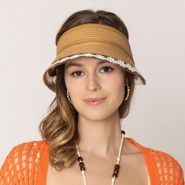 DIONA J STRAW SUN VISOR WITH LACE ONE SIZE COLOR CAMEL BROWN