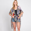 DIONA J GEOMETRIC TRIM TIE DYE PRINT KIMONO CARDIGAN ONE SIZE COLOR NAVY