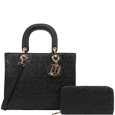 DIONA J 2IN1 OVAL PRINT FASHION HANDLE SATCHEL W WALLET SET COLOR BLACK