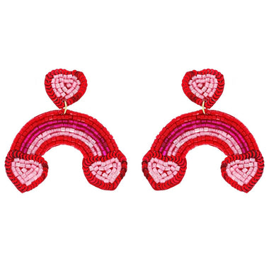 2-Tier Heart Rainbow Seed Bead Handmade Beaded Dangle & Drop Valentine Earrings