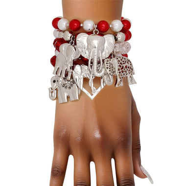 DST Red White Silver Elephant Charm Bracelet Set