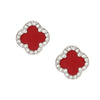 DST Red Silver Rhinestone Clover Stud Earrings