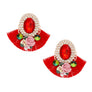 Studs Red Crystal Fan Tassel Floral Earrings