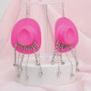 Fish Hook Fuchsia Cowgirl Hat Fringe Earrings