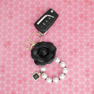 Keychain Black Camellia Pearl Wristlet Bag Clip