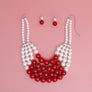 DST Chunky Red White Pearl Bib Necklace Set