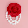 Red Flower Draped Pearls Brooch Pin