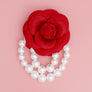 Red Flower Draped Pearls Brooch Pin