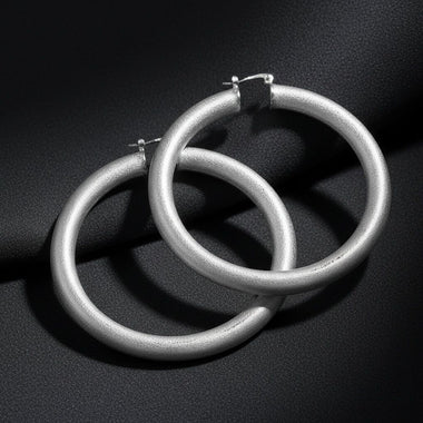 Hoop High Shine Silver Sandblasted Thick Earrings