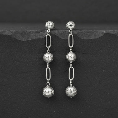 Dangle Silver Linked Mesh Ball Long Drop Earrings