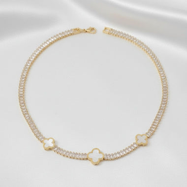 Tennis Gold CZ Baguette White Quatrefoil Necklace