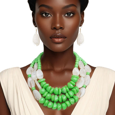 Beaded Green Stone 3 Layer Tribal Necklace Set