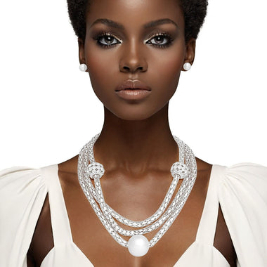 Layered Silver Mesh Snake Chain Ball Pearl Set