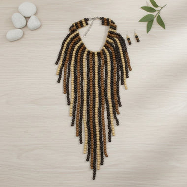 Bib Long Brown Wood Bead Fringe Global Necklace