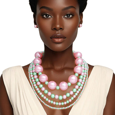 AKA Sorority Pink Green Jumbo Pearl Necklace Set
