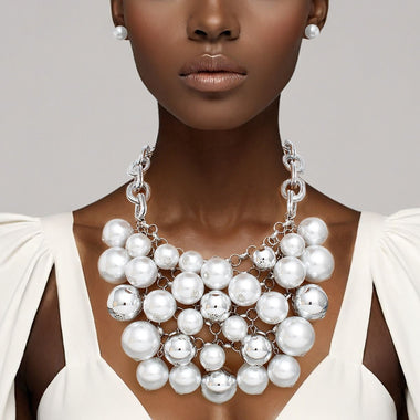 Bib Opulent White Pearl Silver Chainmaille Necklace