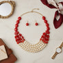 Beaded Marbed Red and Creamy Shine Layer Necklace