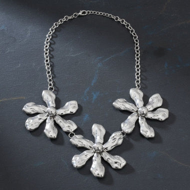 Bib Silver Chunky Floral Organic Petal Necklace