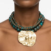 Tribal Lake Blue Stone Bead Hammered Gold Necklace