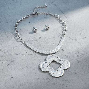 Chunky Pendant Silver Hammered Quatrefoil Necklace