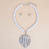 White Pearl Silver Palm Leaf Pendant Necklace
