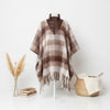Poly Brown Plaid Long Zip Fringe Poncho for Women