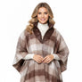 Poly Brown Plaid Long Zip Fringe Poncho for Women