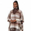 Poly Brown Plaid Long Zip Fringe Poncho for Women