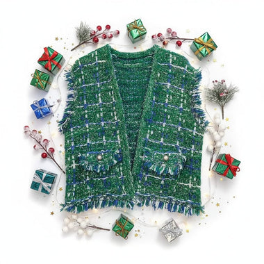 Silver Threaded Luxe High Quality Tweed Green Vest