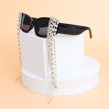 Sunglasses Black Rectangle Rhinestone Fringe