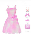 Diona Women Adult Girls Movie Doll Costume Margot Cosplay Pink and White Gingham Check Dress Halloween Christmas Party Birthday Dress Up