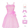 Diona Women Adult Girls Movie Doll Costume Margot Cosplay Pink and White Gingham Check Dress Halloween Christmas Party Birthday Dress Up