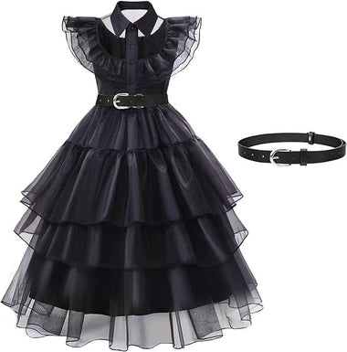 Black Costume Dress for Adults, Dark Gothic Dress with Belt, Perfect for Halloween Costume, Cosplay, and Birthday Party