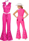 Rodeo Barbie Pink Cowgirl Costume for Adult Women Girl Wild West Western Outfit Cosplay Hippie Costume 70s 80s Disco Scarf Halloween Party